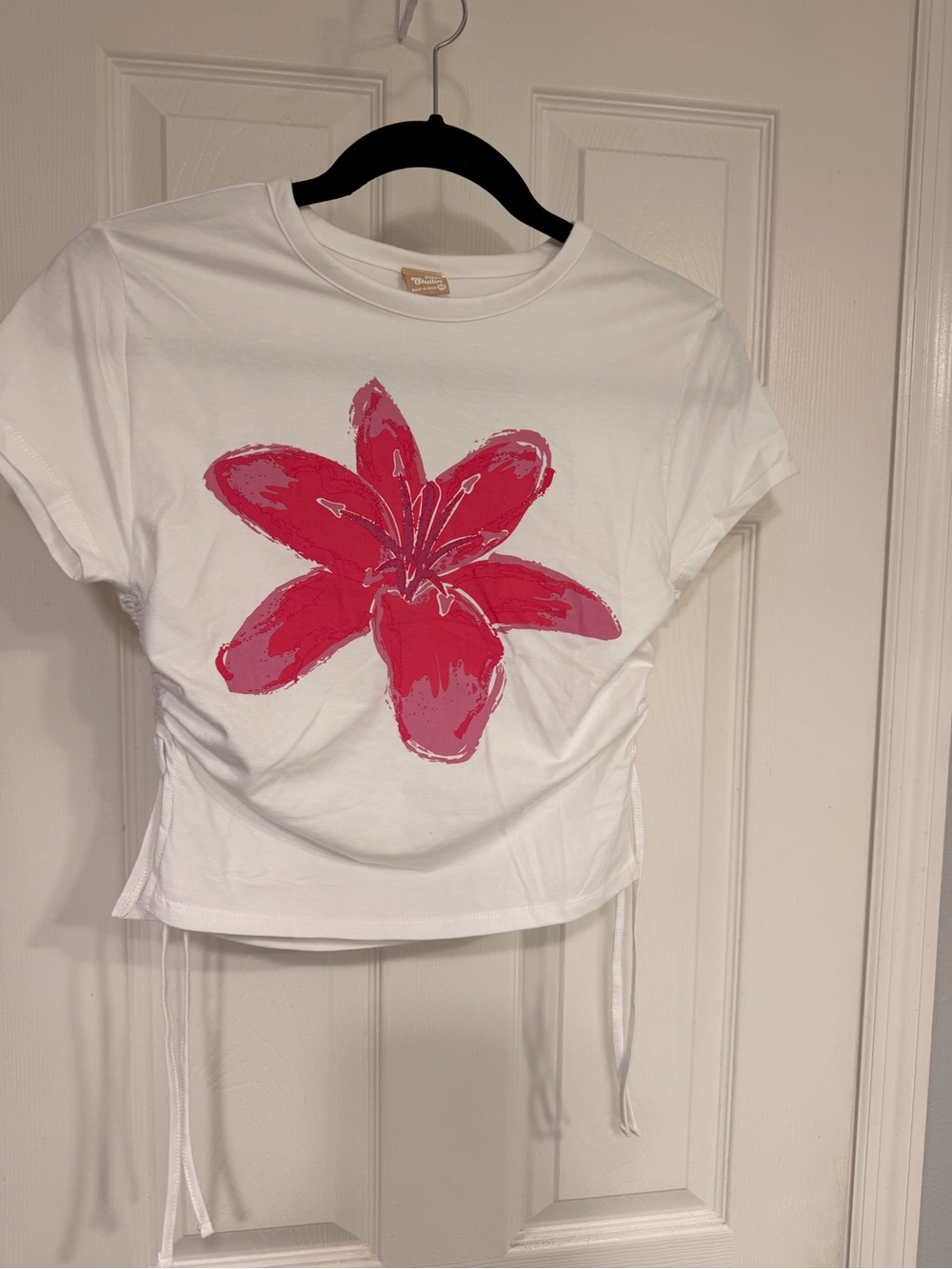 White Crop Top with Pink Floral Print and Side Ties